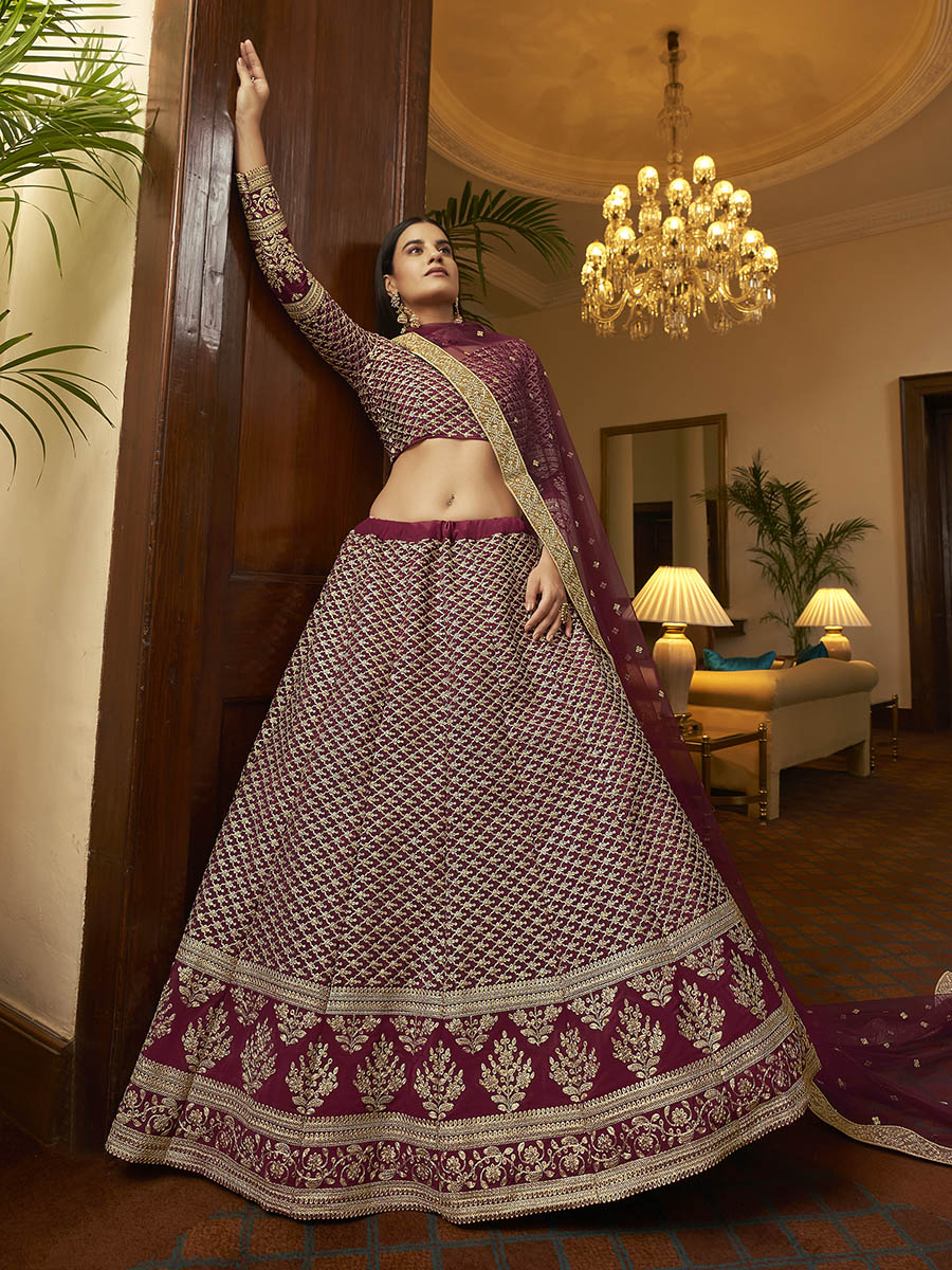 Myra Maroon Crepe Embroidered Lehenga - Distacart