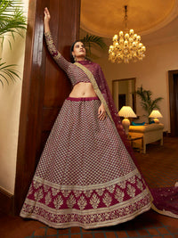 Thumbnail for Myra Maroon Crepe Embroidered Lehenga - Distacart
