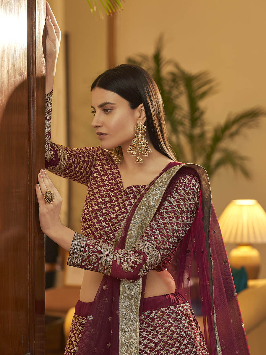 Myra Maroon Crepe Embroidered Lehenga - Distacart