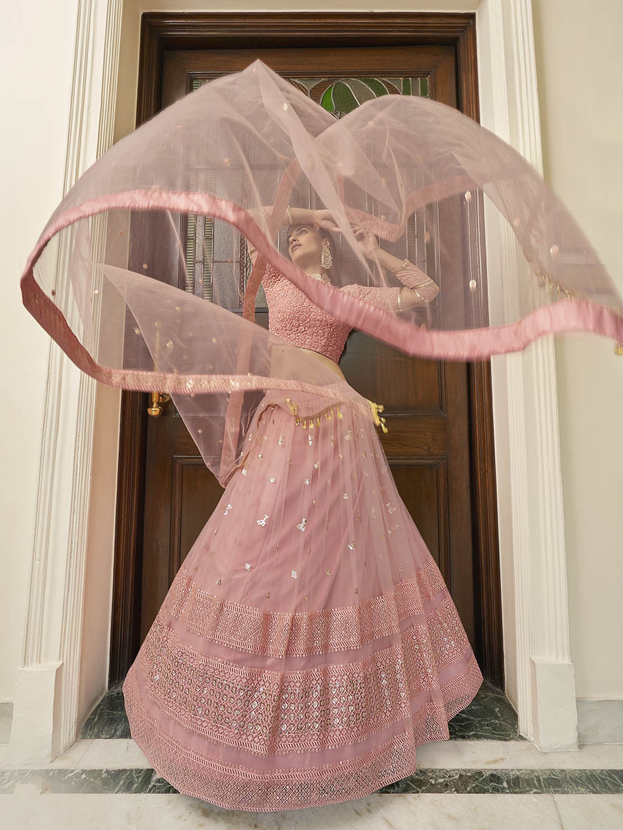 Myra Peach Soft Net Embroidered Lehenga - Distacart