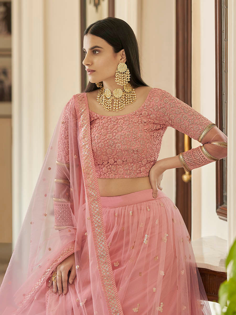 Myra Peach Soft Net Embroidered Lehenga - Distacart
