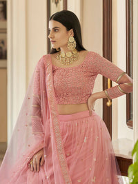 Thumbnail for Myra Peach Soft Net Embroidered Lehenga - Distacart