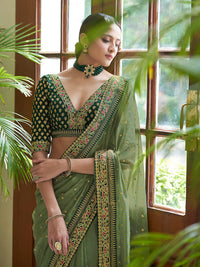 Thumbnail for Myra Olive Green Embroidered Organza Fancy Saree - Distacart