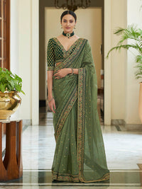 Thumbnail for Myra Olive Green Embroidered Organza Fancy Saree - Distacart
