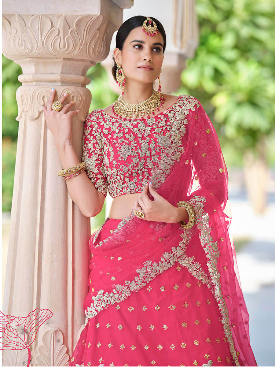 Myra Pink Net Embroidered Lehenga - Distacart
