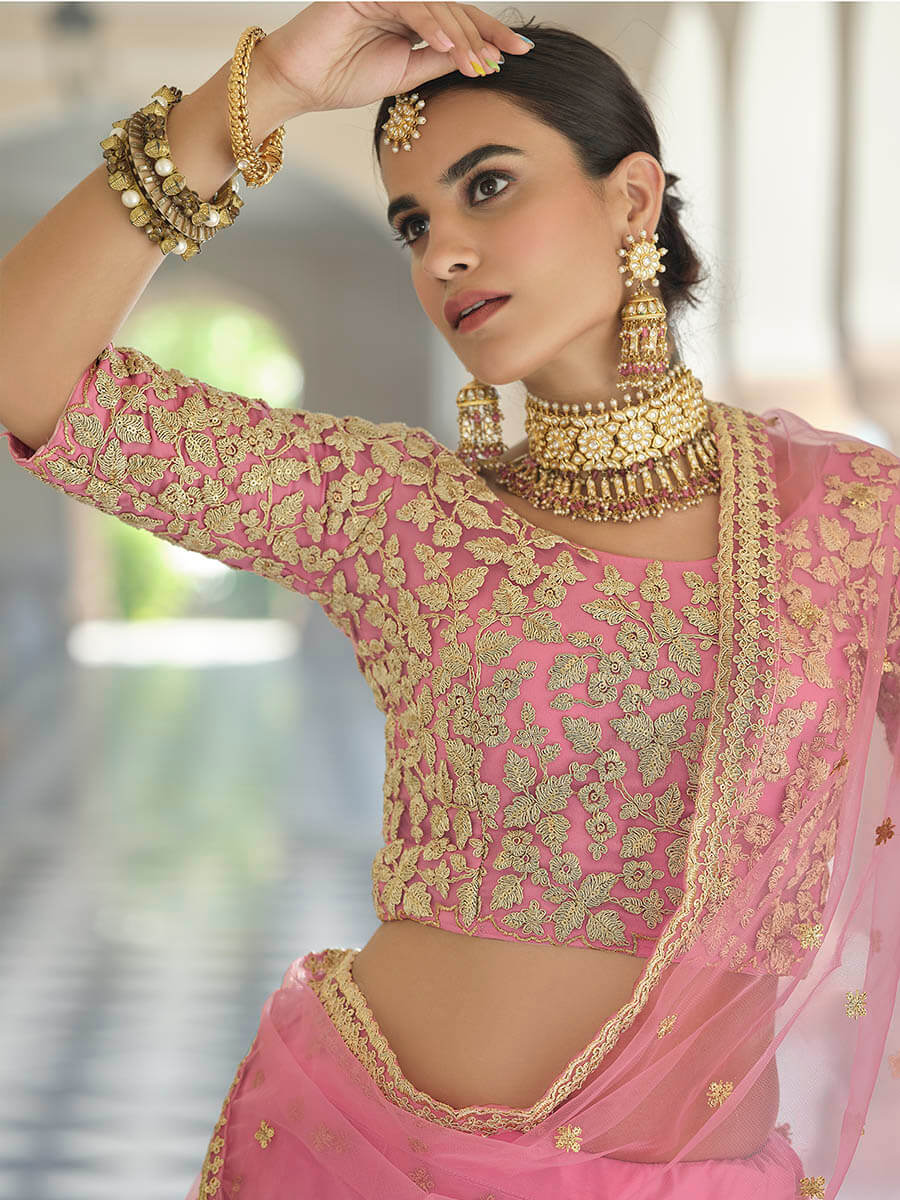 Myra Baby Pink Net Embroidered Lehenga - Distacart