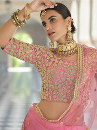 Thumbnail for Myra Baby Pink Net Embroidered Lehenga - Distacart