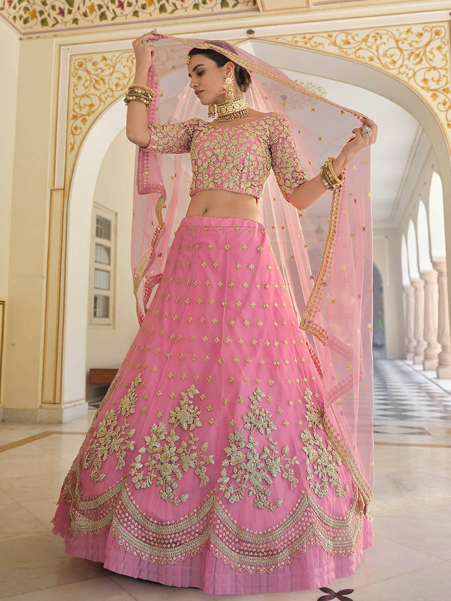 Myra Baby Pink Net Embroidered Lehenga - Distacart