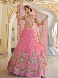 Thumbnail for Myra Baby Pink Net Embroidered Lehenga - Distacart