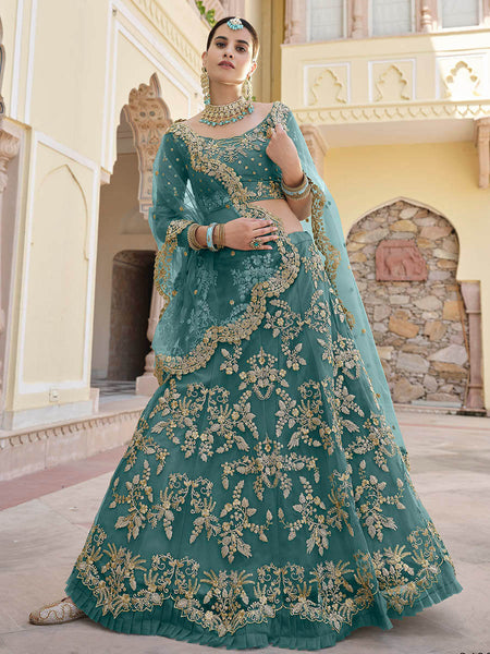 Myra Green Net Embroidered Lehenga - Distacart