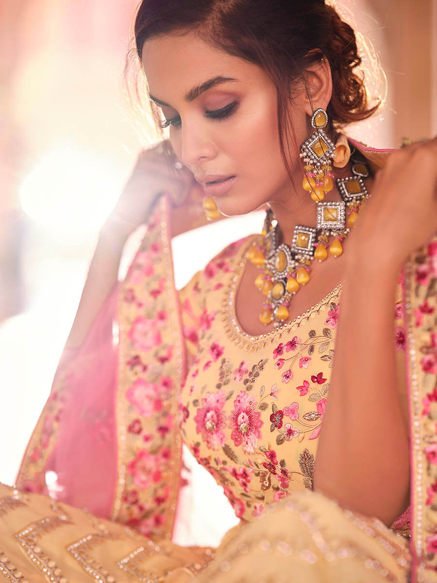 Myra Light Yellow Designer Hand work Lehenga - Distacart