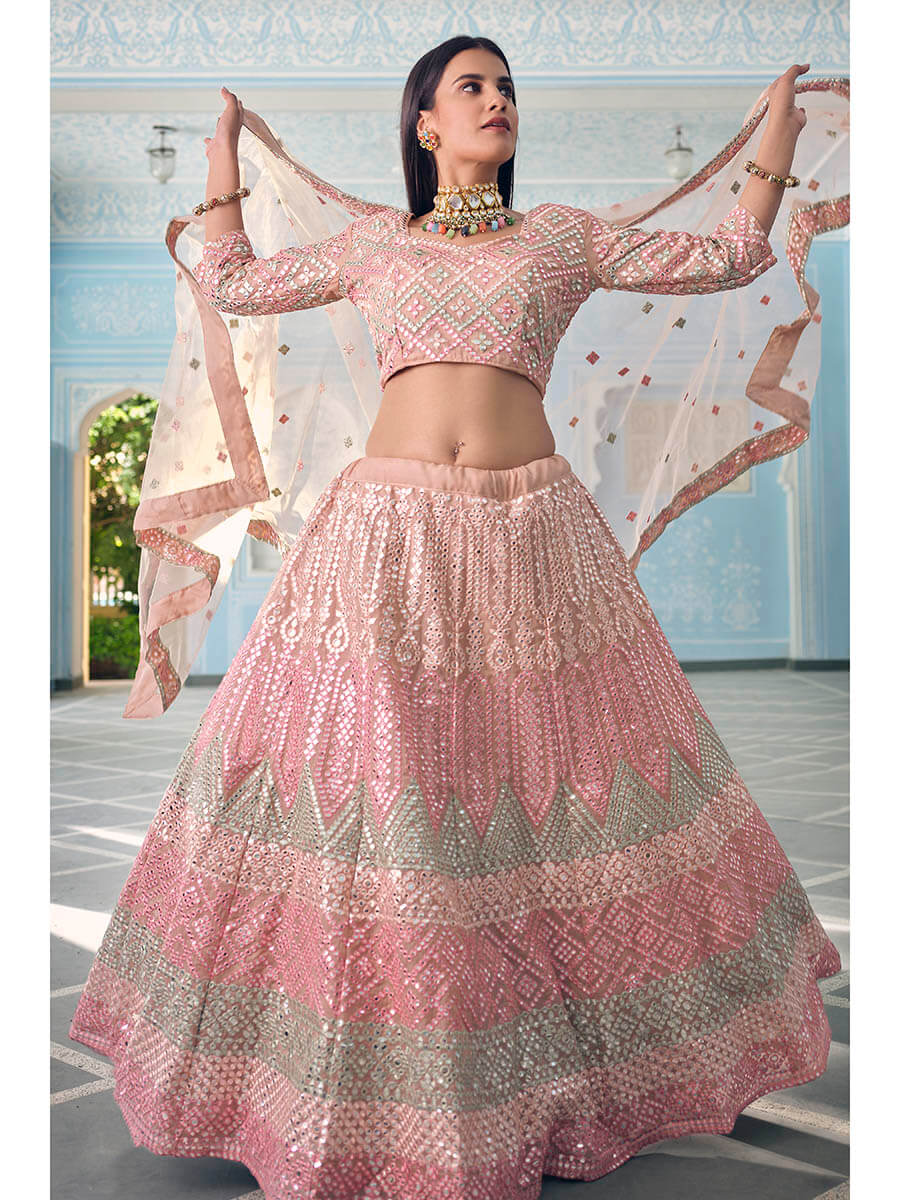 Myra Beautiful Peach Organza Embroidered Lehenga