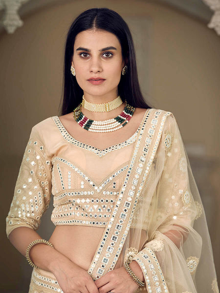 Myra Cream Organza Embroidered Lehenga - Distacart