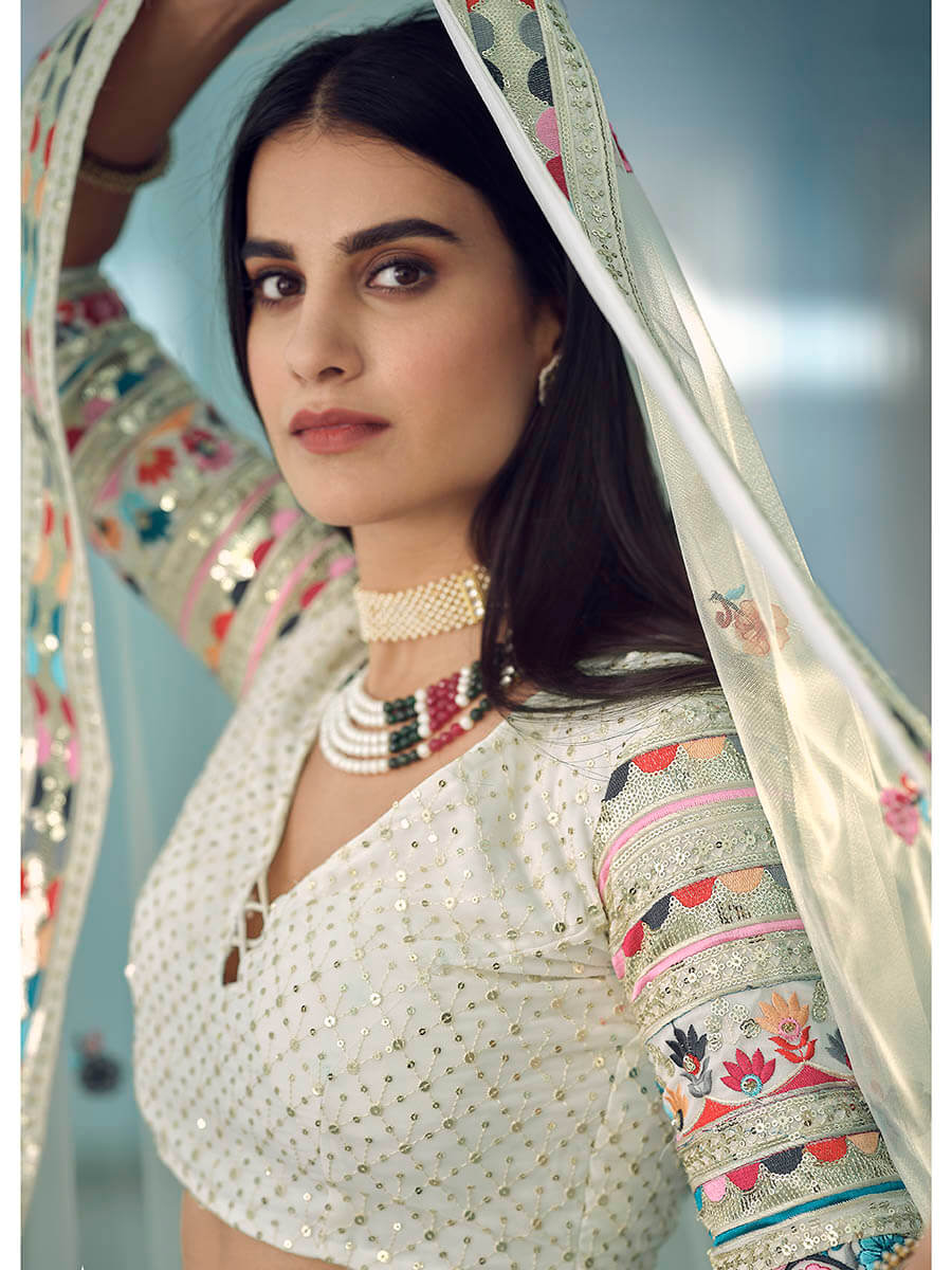 Myra White Gorgette Embroidered Lehenga - Distacart
