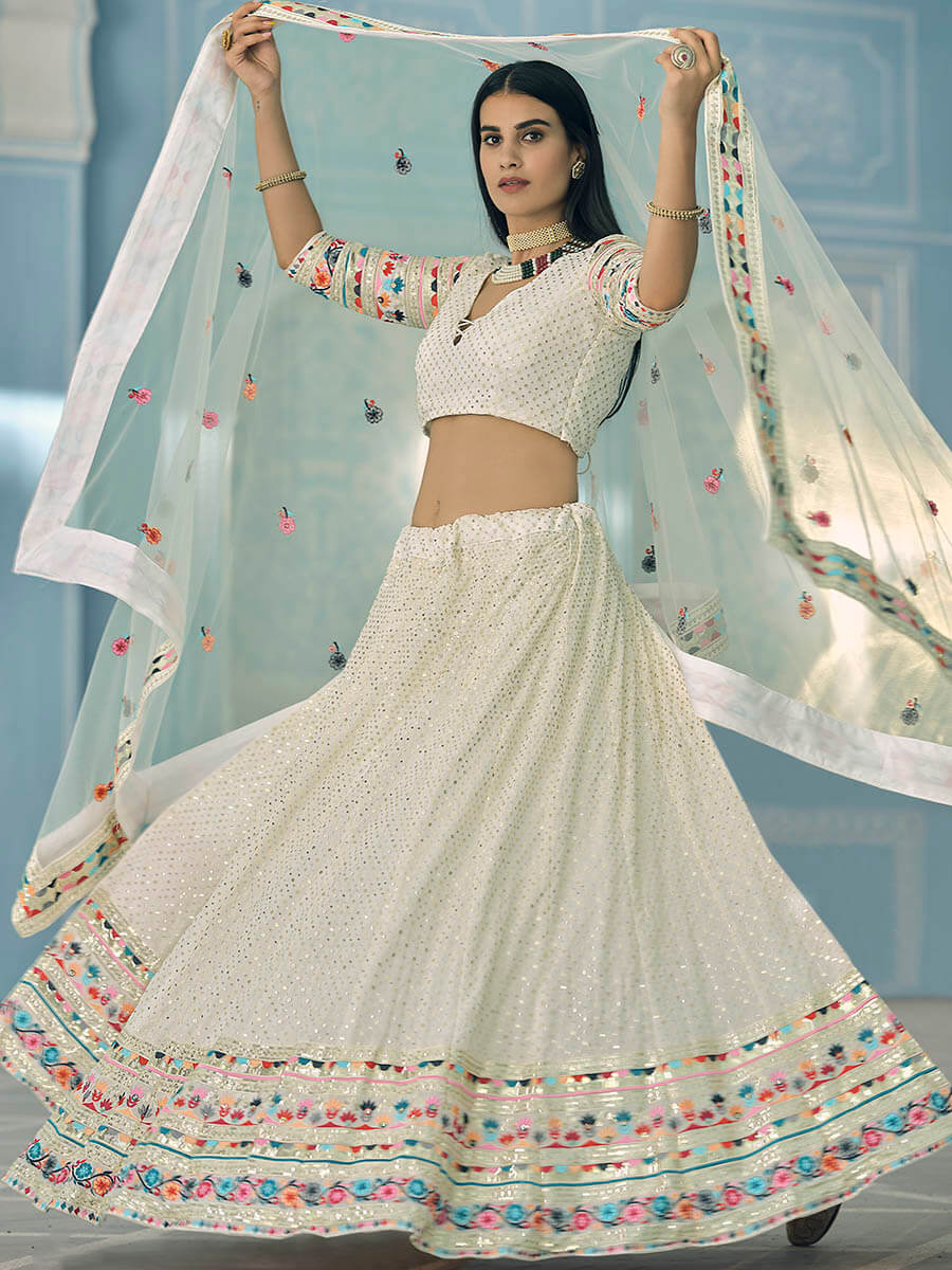 Myra White Gorgette Embroidered Lehenga - Distacart
