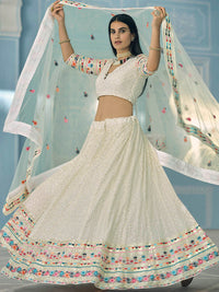 Thumbnail for Myra White Gorgette Embroidered Lehenga - Distacart
