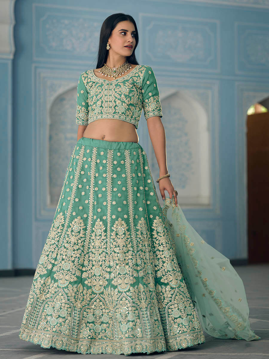 Myra Turquoise Organza Embroidered Lehenga
