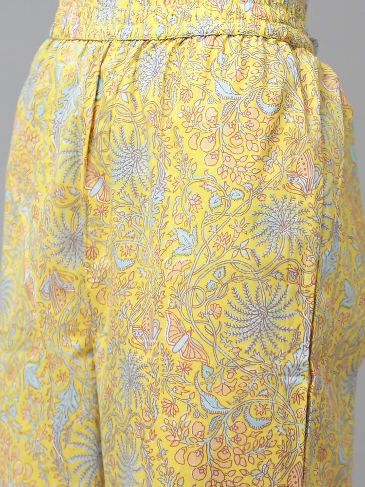 Yufta Yellow and Blue printed kurta with Trouser and Dupatta