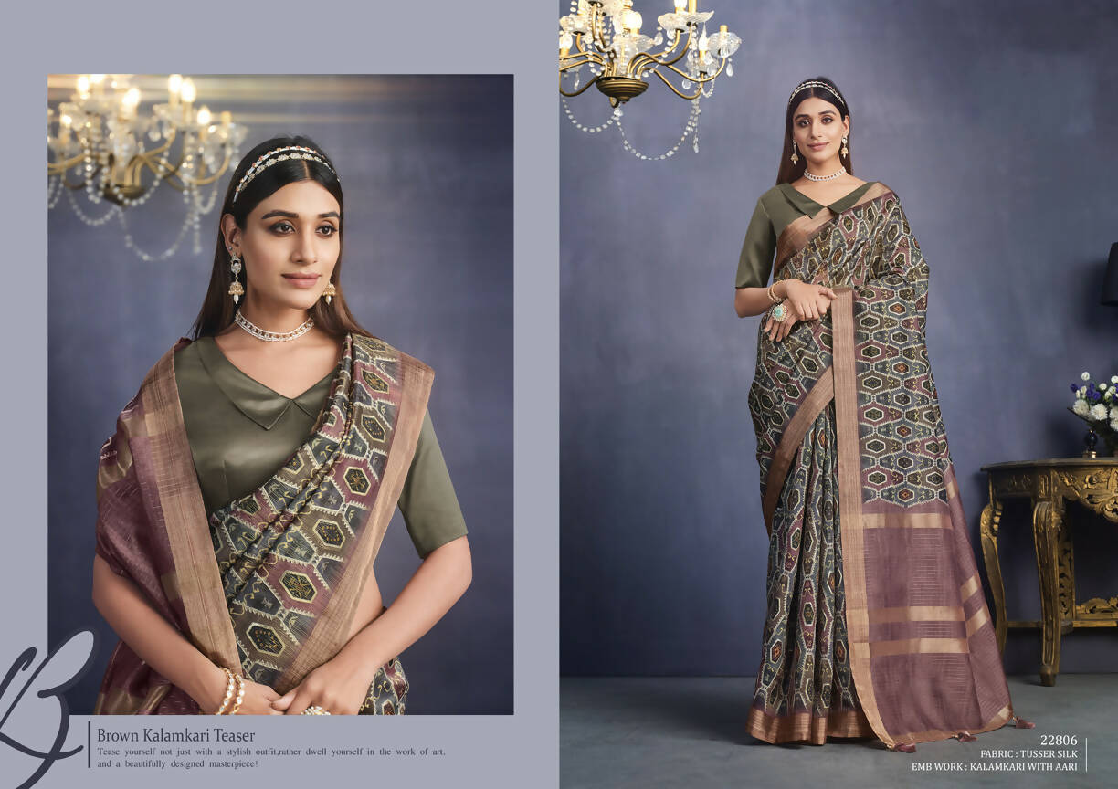 Brown Tusser Silk Geometric Printed Saree With Unstitched Blouse - Mohmanthan Aahana - Distacart