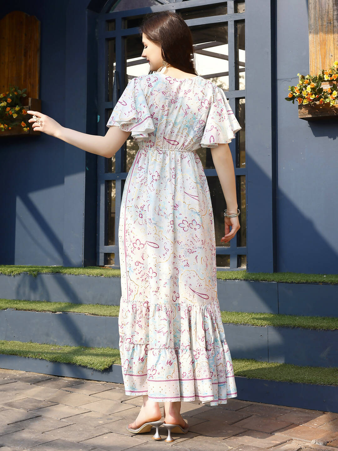 Off white Rayon Foil Printed Long Dress - Michan - Distacart