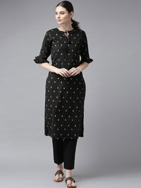 Thumbnail for Women's Black And Golden Block Printed Straight Kurta - Bhama - Distacart