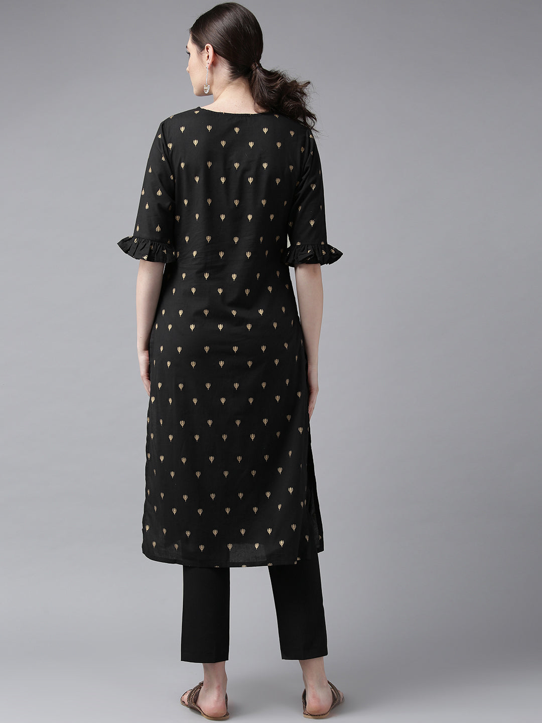 Women's Black And Golden Block Printed Straight Kurta - Bhama - Distacart