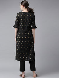 Thumbnail for Women's Black And Golden Block Printed Straight Kurta - Bhama - Distacart