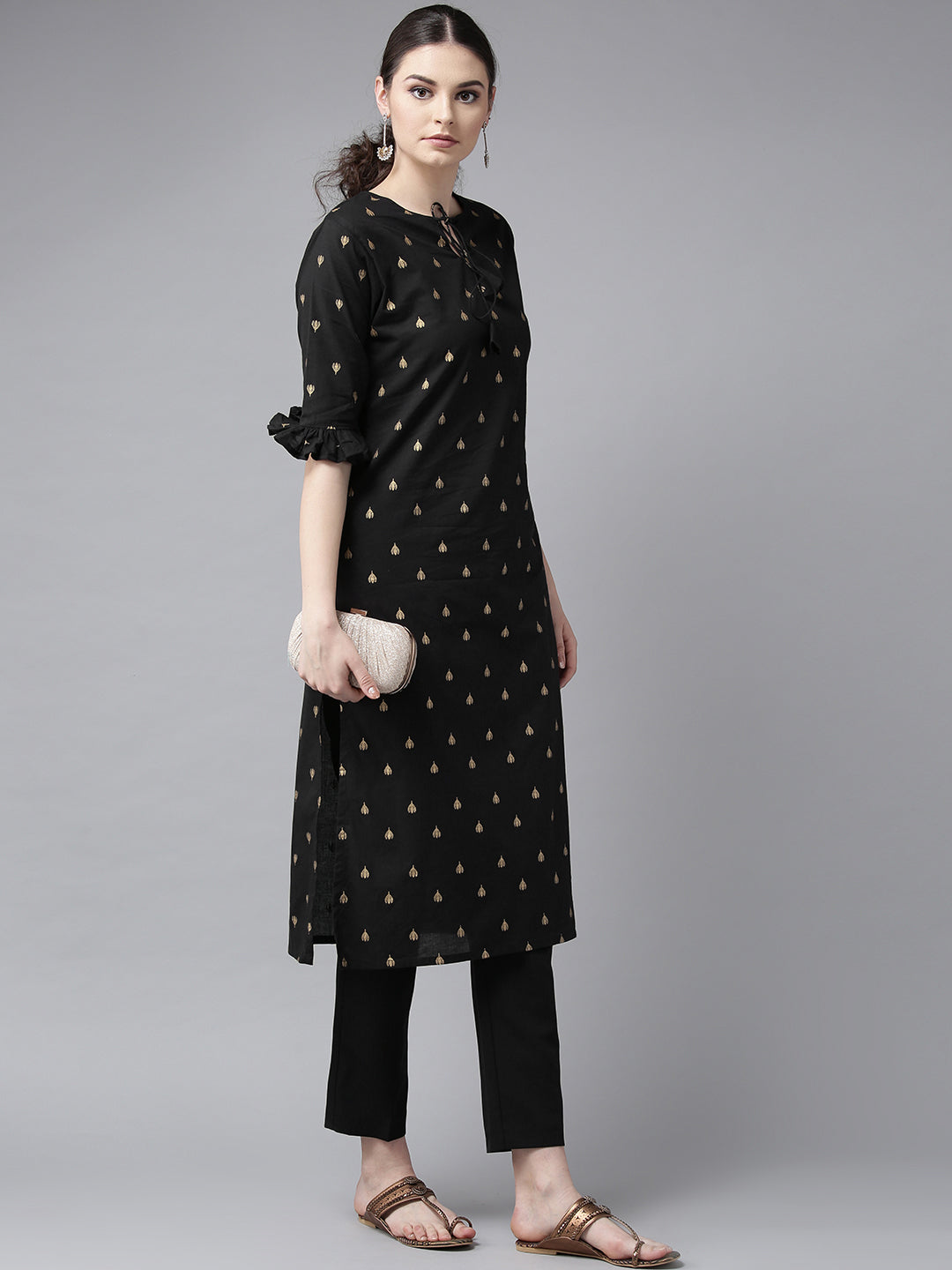 Women's Black And Golden Block Printed Straight Kurta - Bhama - Distacart