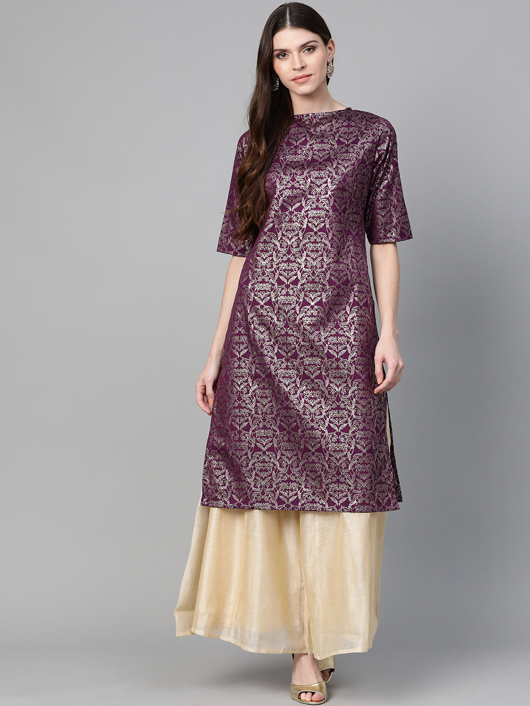 Women's Purple & Golden Block print Straight Kurta - Bhama - Distacart