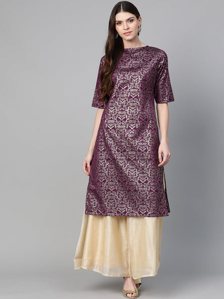 Women's Purple & Golden Block print Straight Kurta - Bhama - Distacart