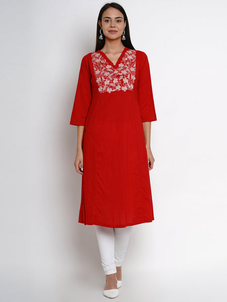 Women's Red Kurta With White Yoke Embroidered Design Straight Kurta - Bhama - Distacart