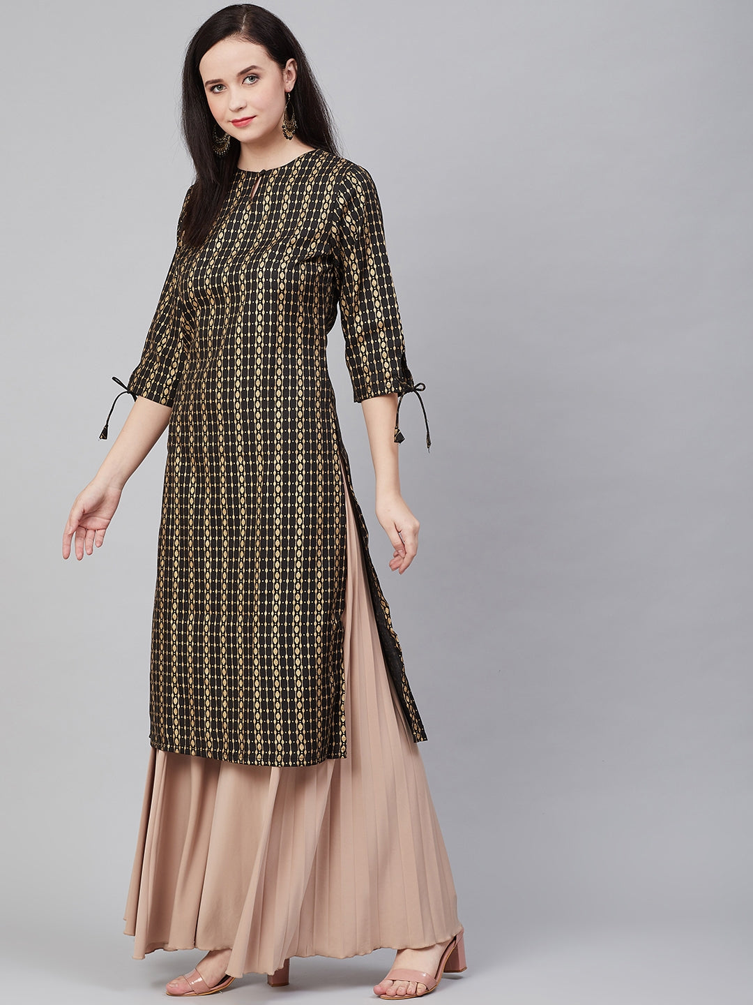 Women's Black & Golden Block Print Straight Kurta - Bhama - Distacart