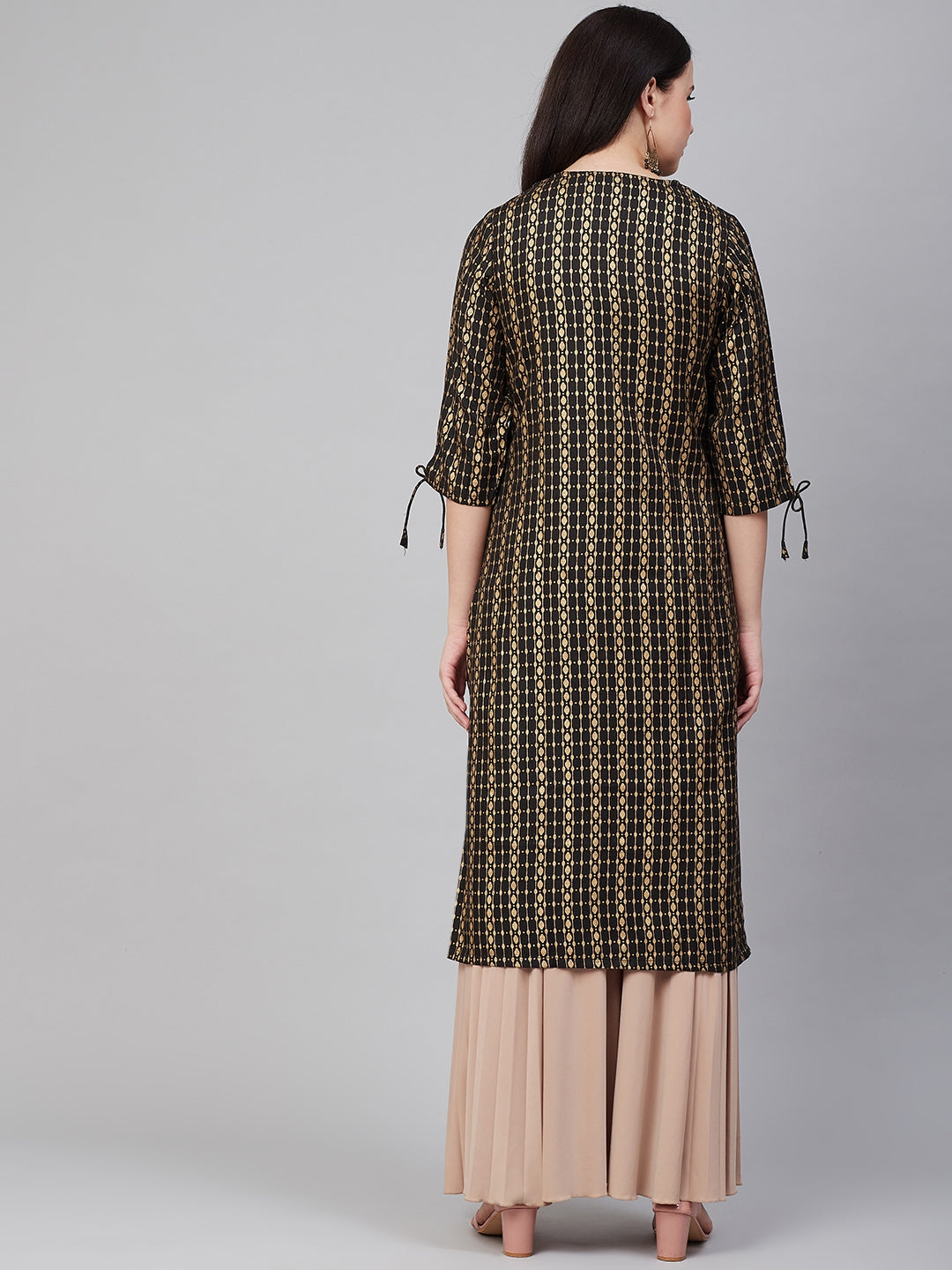 Women's Black & Golden Block Print Straight Kurta - Bhama - Distacart