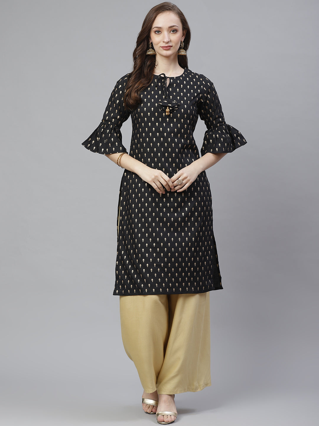 Women's Black & Golden Ethnic Block Printed Straight Kurta - Bhama - Distacart