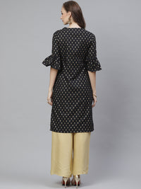 Thumbnail for Women's Black & Golden Ethnic Block Printed Straight Kurta - Bhama - Distacart