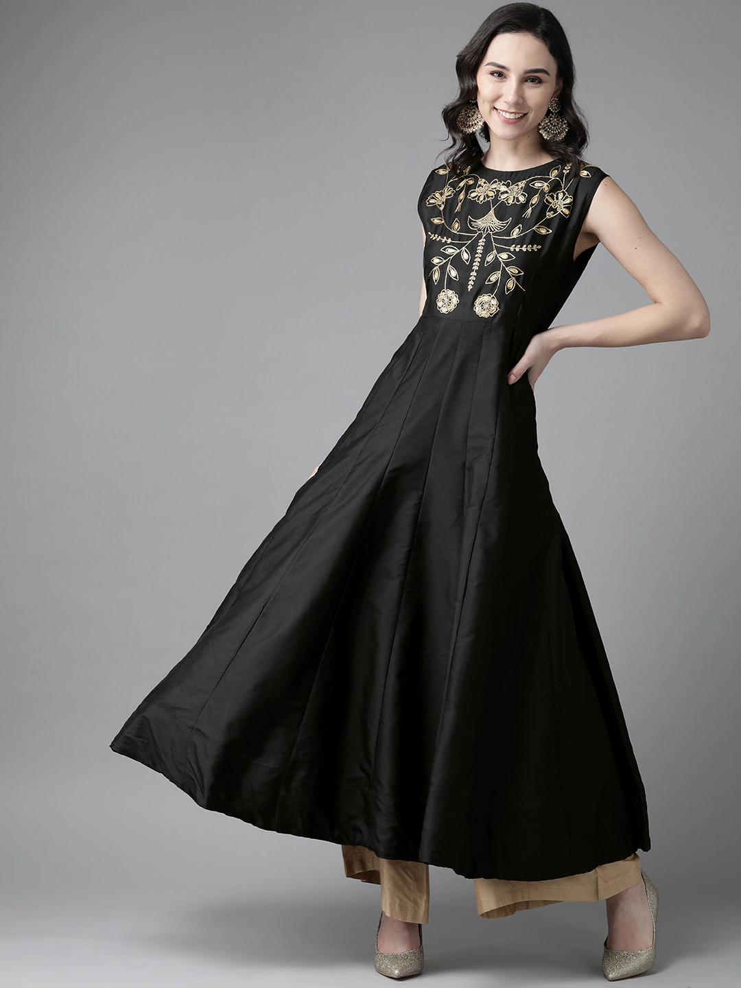Women's Black Ethnic Motifs Yoke Design Thread Work Kurta - Bhama - Distacart