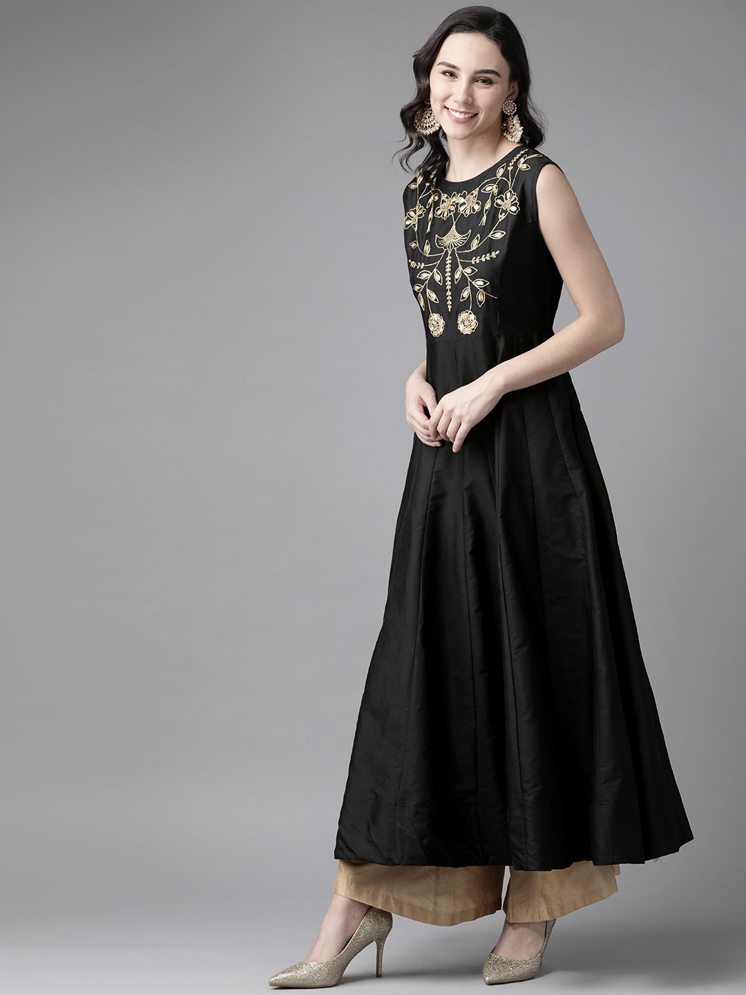 Women's Black Ethnic Motifs Yoke Design Thread Work Kurta - Bhama - Distacart