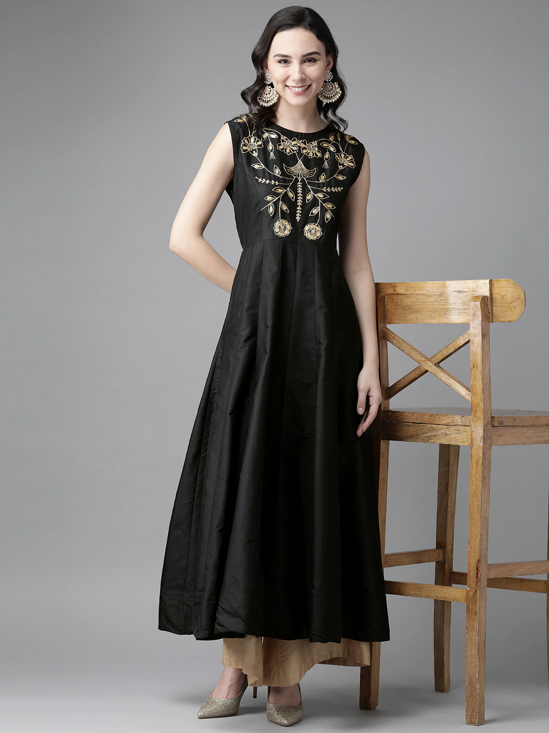Women's Black Ethnic Motifs Yoke Design Thread Work Kurta - Bhama - Distacart
