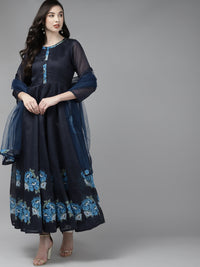 Thumbnail for Women's Navy Blue Floral Printed Chanderi Silk Anarkali Kurta With Dupatta - Bhama - Distacart