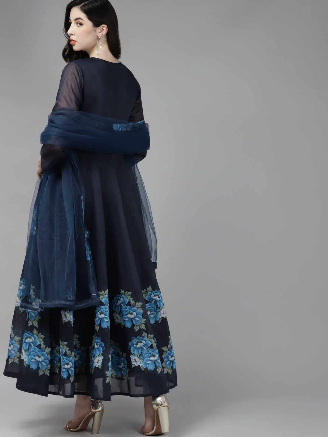Women's Navy Blue Floral Printed Chanderi Silk Anarkali Kurta With Dupatta - Bhama - Distacart