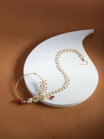 Thumbnail for Gold-Plated White Red Kundan Studded Beaded Chained Nose Ring - Ruby Raang - Distacart
