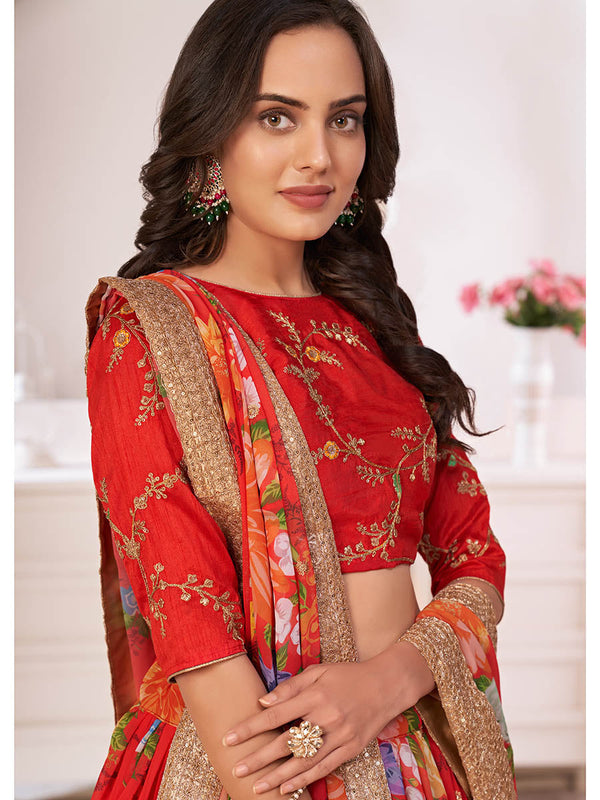 Myra Red Tomato Digital Printed Georgette Lehanga - Distacart