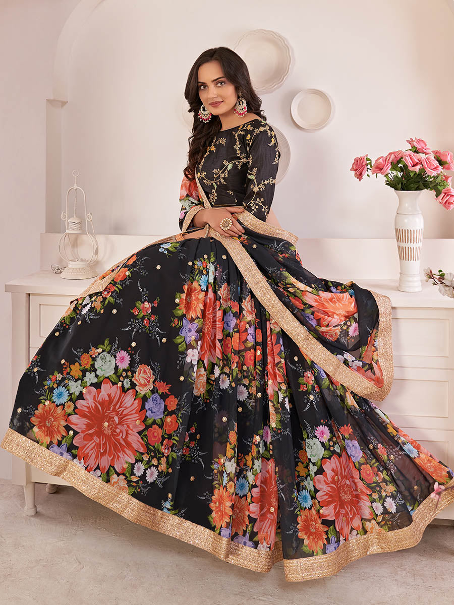 Myra Black Digital Printed Georgette Lehanga - Distacart