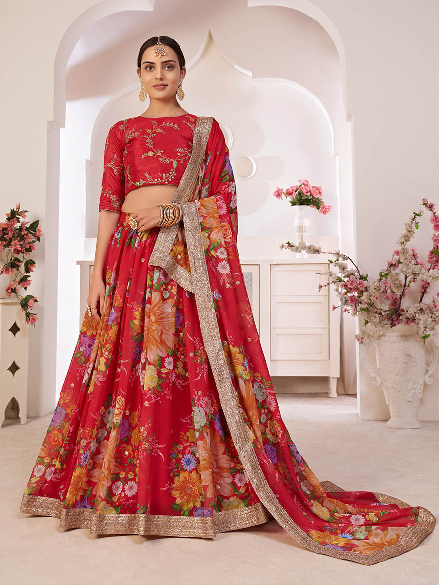 Myra Red Digital Printed Gorgette Lehanga - Distacart