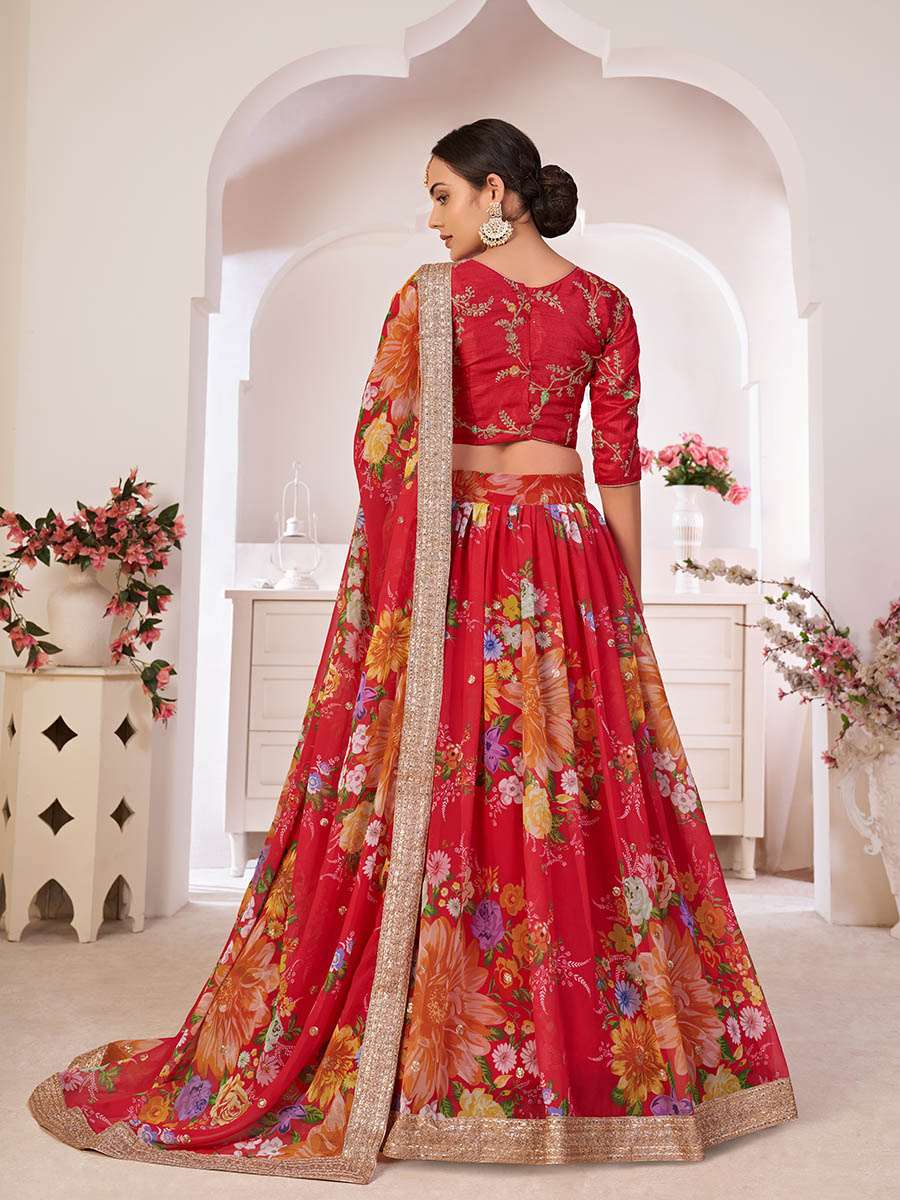 Myra Red Digital Printed Gorgette Lehanga - Distacart