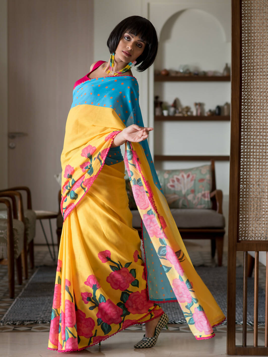 Suta Yellow Floral Pure Cotton Saree - Distacart