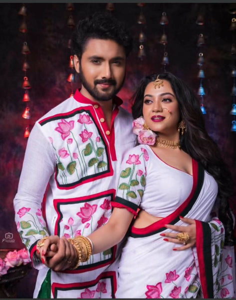 Exclusive Collection Saree With Blouse Piece For Women And Men's Kurta - White - Distacart