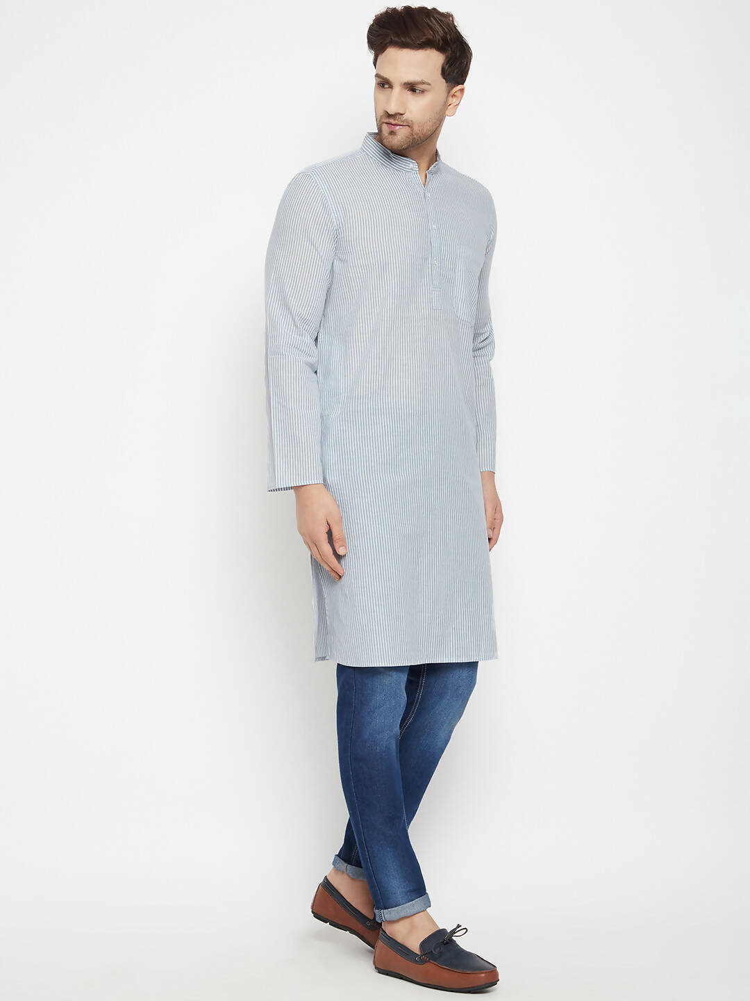 Even Apparels Grey Pure Cotton Men's Long Kurta With Band Collar - Distacart