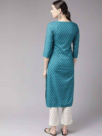 Thumbnail for Yufta Women Teal Blue & Golden Printed Kurta with Trouser