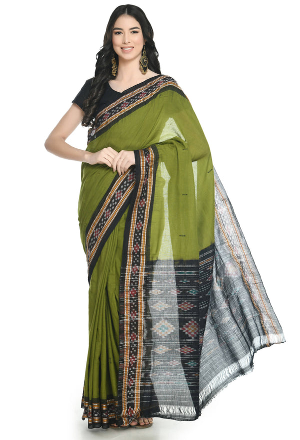 Vamika Sambalpuri Ikat Cotton Rekhabala Buti Green & Black Saree - Distacart